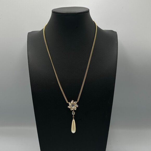 Monet Necklace Gold Tone Crystal Flower Pendant Faux Pearl Teardrop Dangle 22 In - Picture 5 of 10